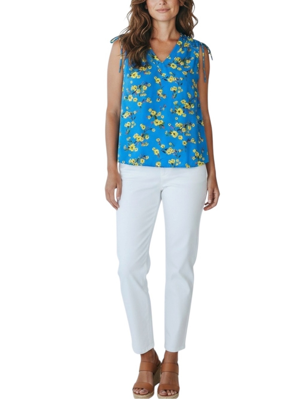 NORDSTROM PLEIONE Bright Blue with Yellow Floral Print Blouse Size Large NWT - Picture 2 of 8